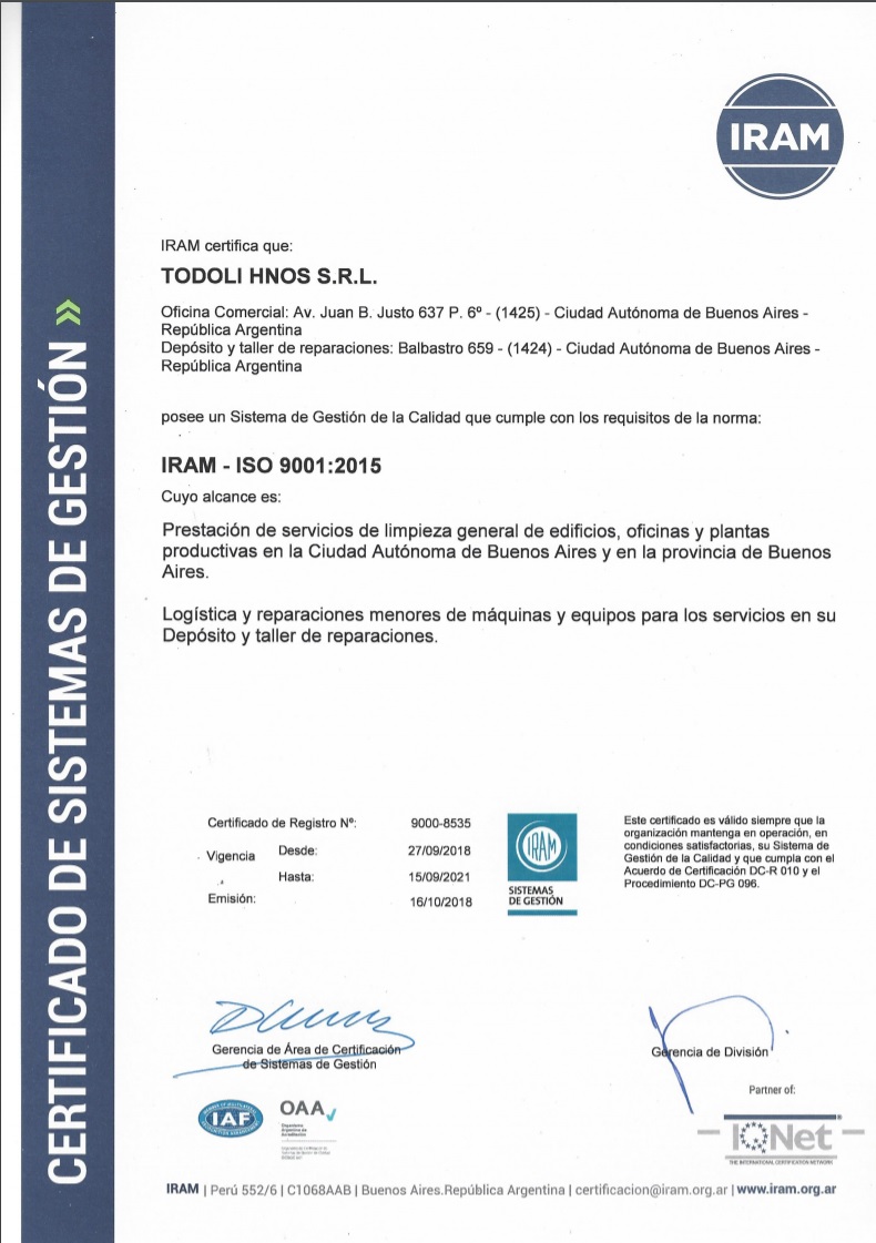 Certificacion ISO 9001 de Todoli Hermanos SRL
